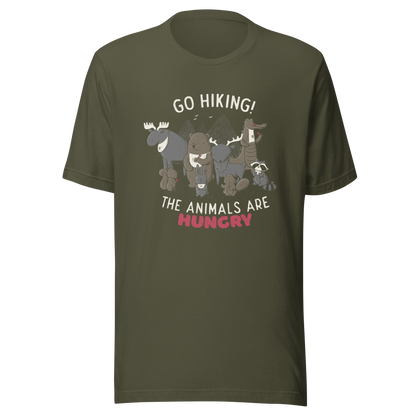 A playful nighttime illustration of cute animals gathered around a meal, holding utensils and napkins, ready to eat. Paired with the humorous phrase “Go Hiking! The Animals Are Hungry”, this whimsical design is perfect for animal lovers, fans of ironic humour, and anyone who enjoys fun art with a cheeky twist.