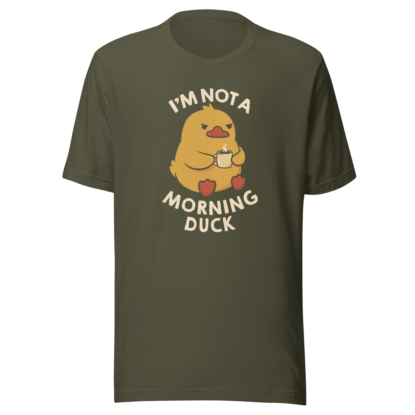 A cute little yellow duck, with a grumpy face, holding a mug of coffee and surrounded by the words "I'm Not a Morning Duck". This design plays on the humor of difficult mornings, mixing cuteness and sarcasm for those who only function after coffee. Perfect for those who are not at all morning people, coffee lovers and fans of funny prints and cute ducks.