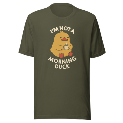 A cute little yellow duck, with a grumpy face, holding a mug of coffee and surrounded by the words "I'm Not a Morning Duck". This design plays on the humor of difficult mornings, mixing cuteness and sarcasm for those who only function after coffee. Perfect for those who are not at all morning people, coffee lovers and fans of funny prints and cute ducks.
