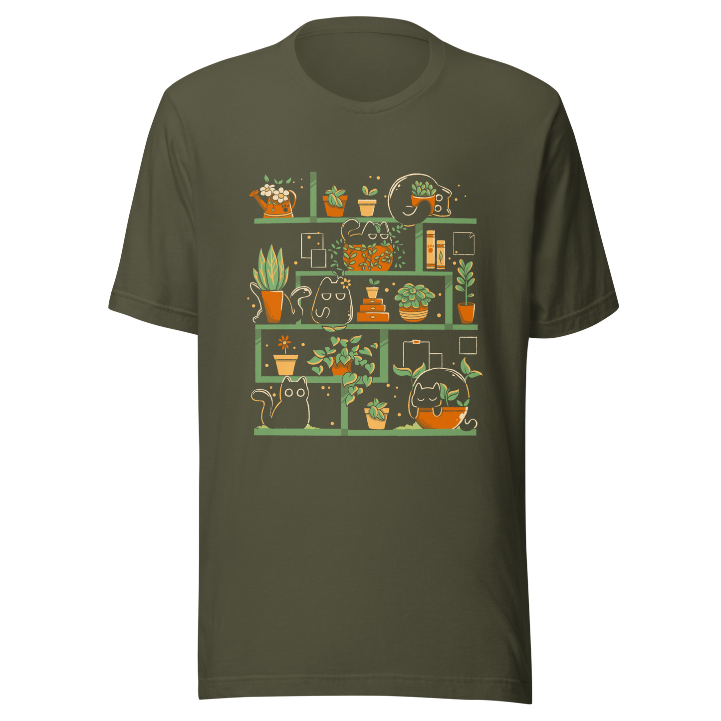 A minimalist illustration of a charming bookcase filled with lush potted plants and adorable kittens nestled among them. A cute and funny design, perfect for cat lovers, plant enthusiasts, and cosy decor fans.