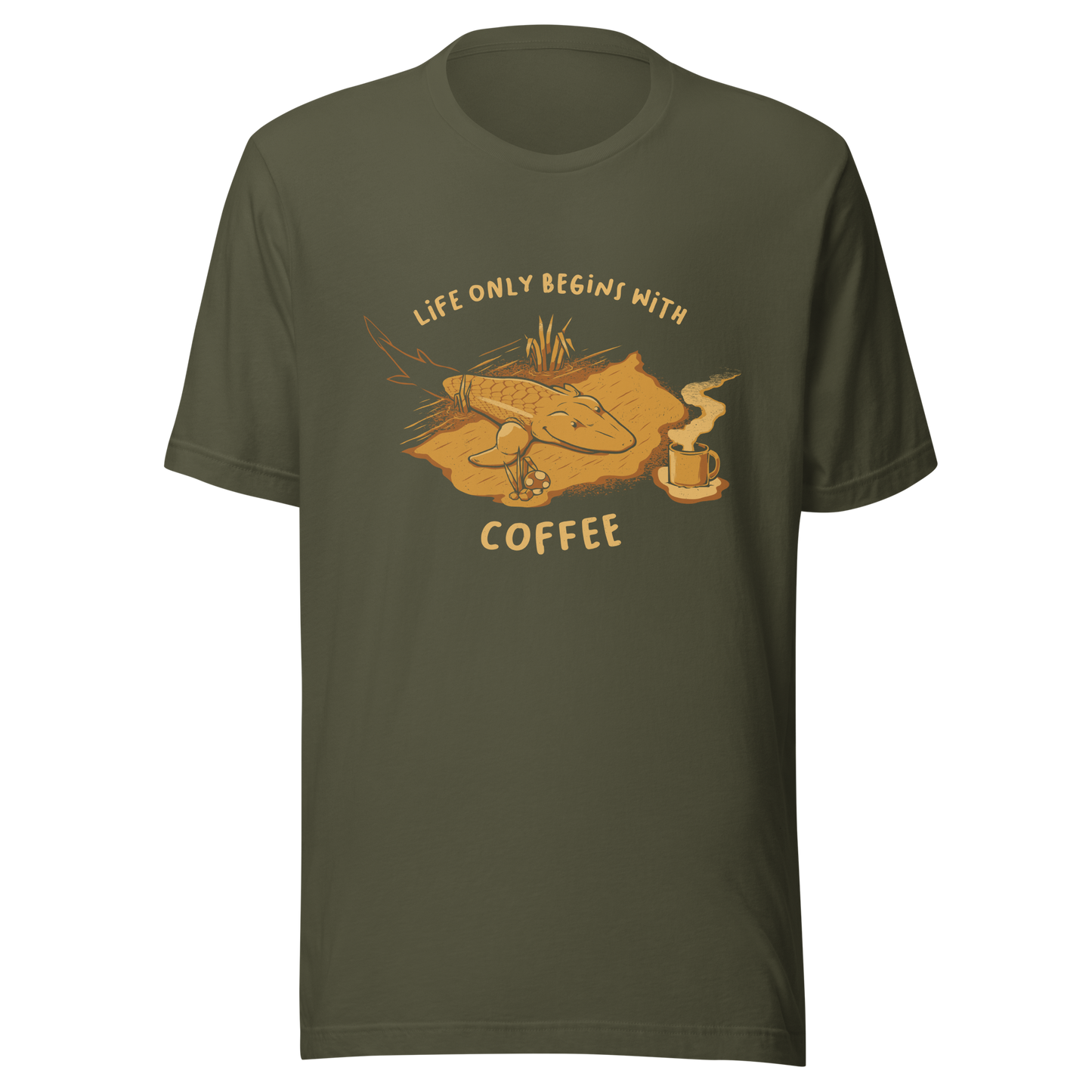 This funny illustration shows a tadpole evolving into a terrestrial creature while reaching for a cup of coffee. Paired with the phrase ‘Life Begins After Coffee Evolution’, the artwork humorously compares human evolution to our daily need for coffee.