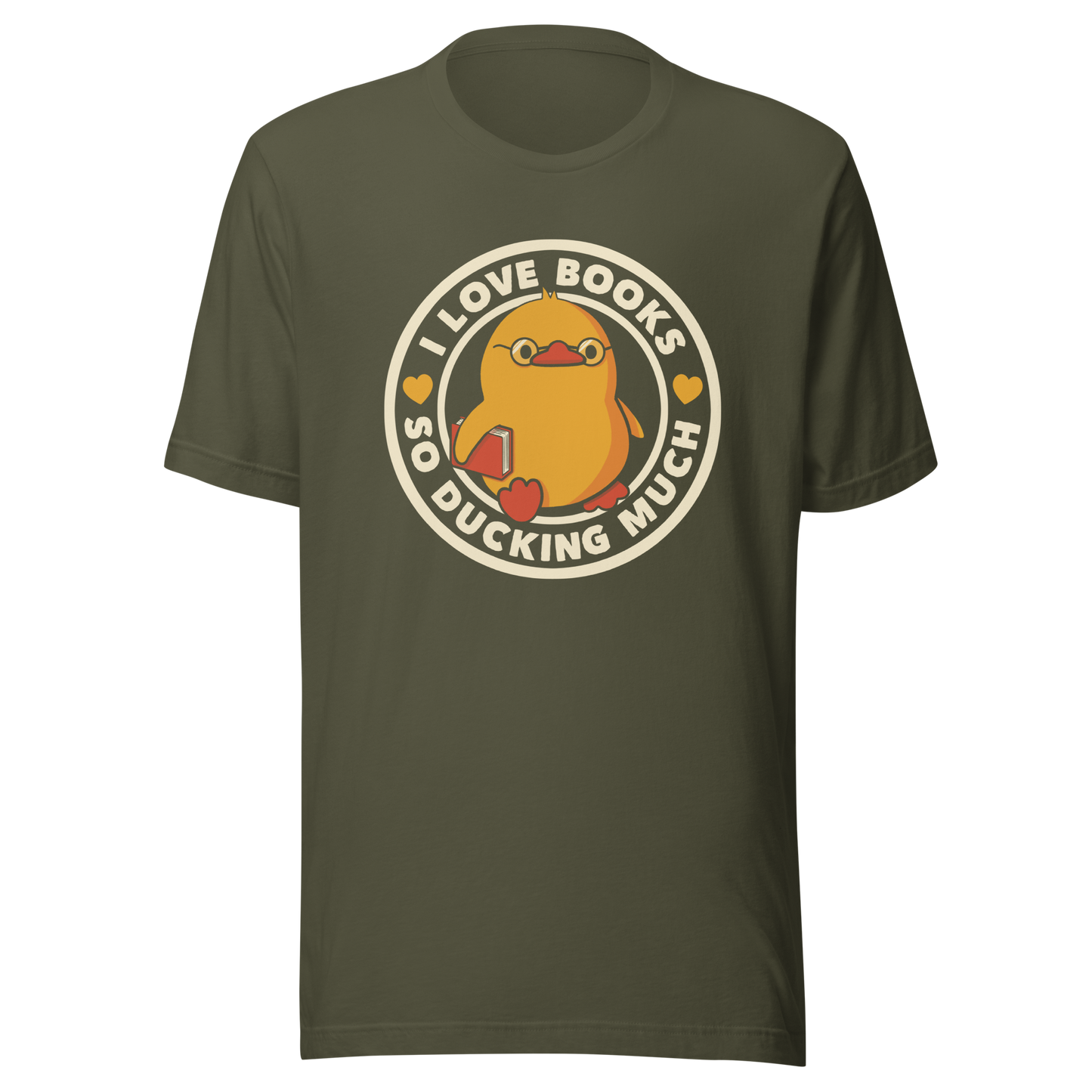 A cute yellow duckling with glasses and holding a book, around it the phrase "II Love Books So Ducking Much". A perfect gift for anyone who loves ducks and books.