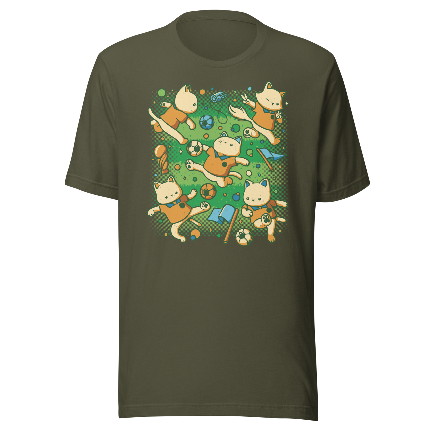 An artwork featuring several cats in soccer uniforms kicking a ball, surrounded by trophies, flags, and other football-inspired elements. A playful design perfect for cat lovers, soccer fans, and anyone who enjoys whimsical sports-themed art.