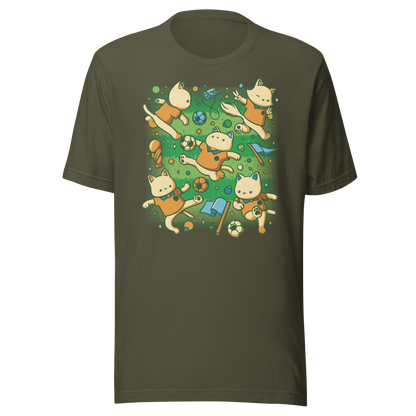 An artwork featuring several cats in soccer uniforms kicking a ball, surrounded by trophies, flags, and other football-inspired elements. A playful design perfect for cat lovers, soccer fans, and anyone who enjoys whimsical sports-themed art.