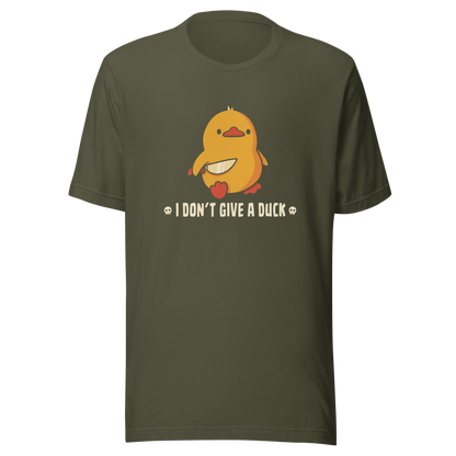 A cute yellow duck holding a small knife, around it the text "I Don't Give a Duck". An art that mixes humor with the temperament of ducks.