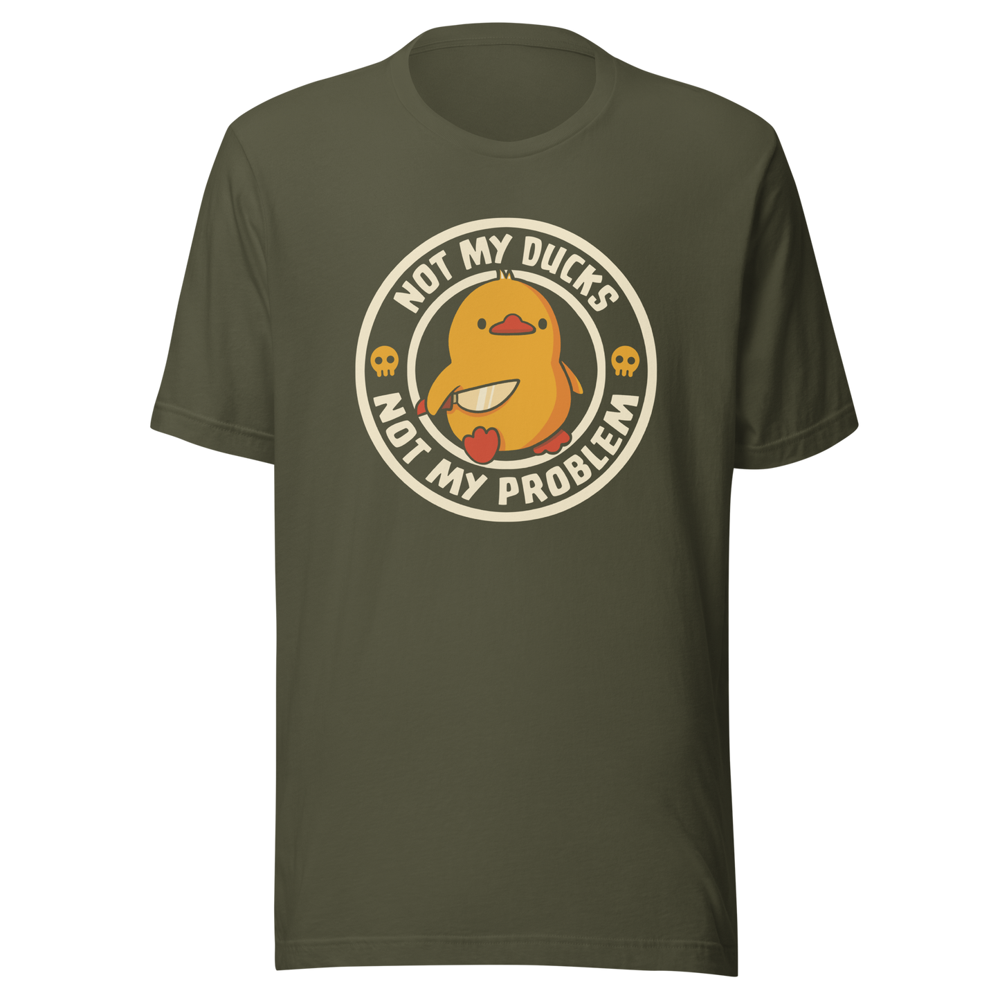 A cute yellow duck holding a tiny knife with an unexpectedly fierce attitude. Around it, the phrase "Not My Ducks Not My Problem" adds a sarcastic twist to the sweet but chaotic vibe. A playful design that blends humor, duck drama, and a touch of unapologetic mischief, perfect for fans of witty, slightly unhinged art.