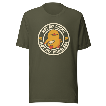A cute yellow duck holding a tiny knife with an unexpectedly fierce attitude. Around it, the phrase "Not My Ducks Not My Problem" adds a sarcastic twist to the sweet but chaotic vibe. A playful design that blends humor, duck drama, and a touch of unapologetic mischief, perfect for fans of witty, slightly unhinged art.