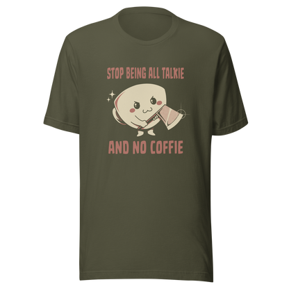 A charming coffee cup holding an axe alongside the phrase “All Talkie And No Coffie”. This playful yet edgy design captures the contrast between sweet morning vibes and the unstoppable force of caffeine. Perfect for coffee lovers who wake up cute… but powered by attitude.