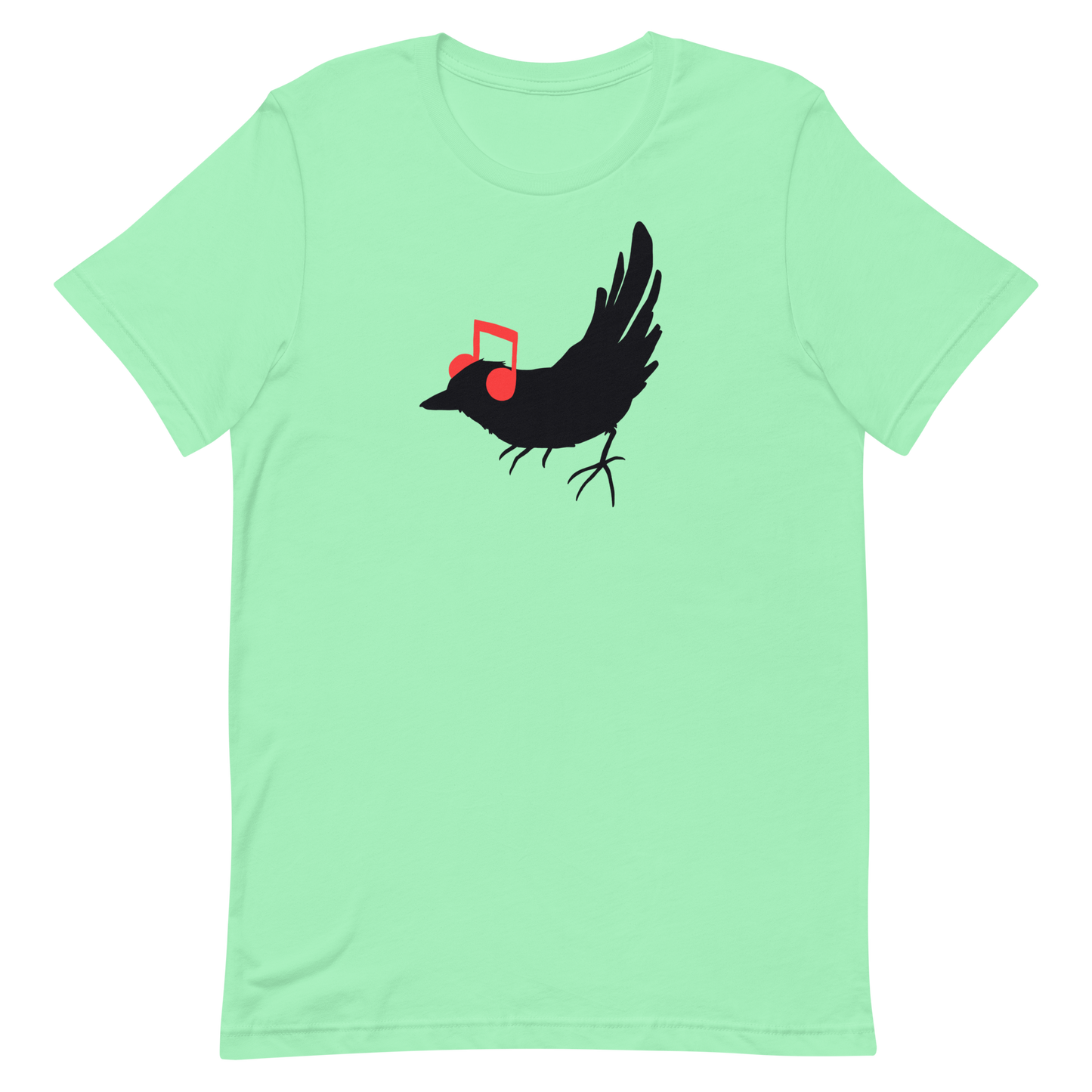 The drawing is a black silhouette of a bird in profile, standing on the ground, with bright red musical notes positioned like headphones over its ears, creating a whimsical and playful contrast. The drawing is simple, using solid colors and minimal details, giving it a modern and fun feel suitable for various merchandise like t-shirts, stickers, coffee cups, and skateboards.