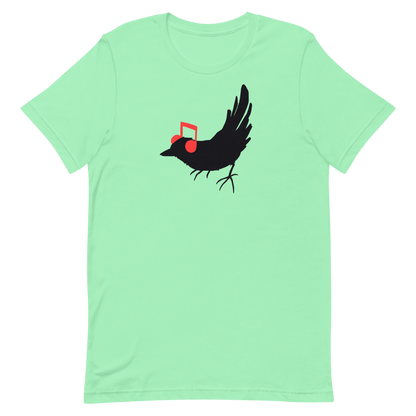 The drawing is a black silhouette of a bird in profile, standing on the ground, with bright red musical notes positioned like headphones over its ears, creating a whimsical and playful contrast. The drawing is simple, using solid colors and minimal details, giving it a modern and fun feel suitable for various merchandise like t-shirts, stickers, coffee cups, and skateboards.