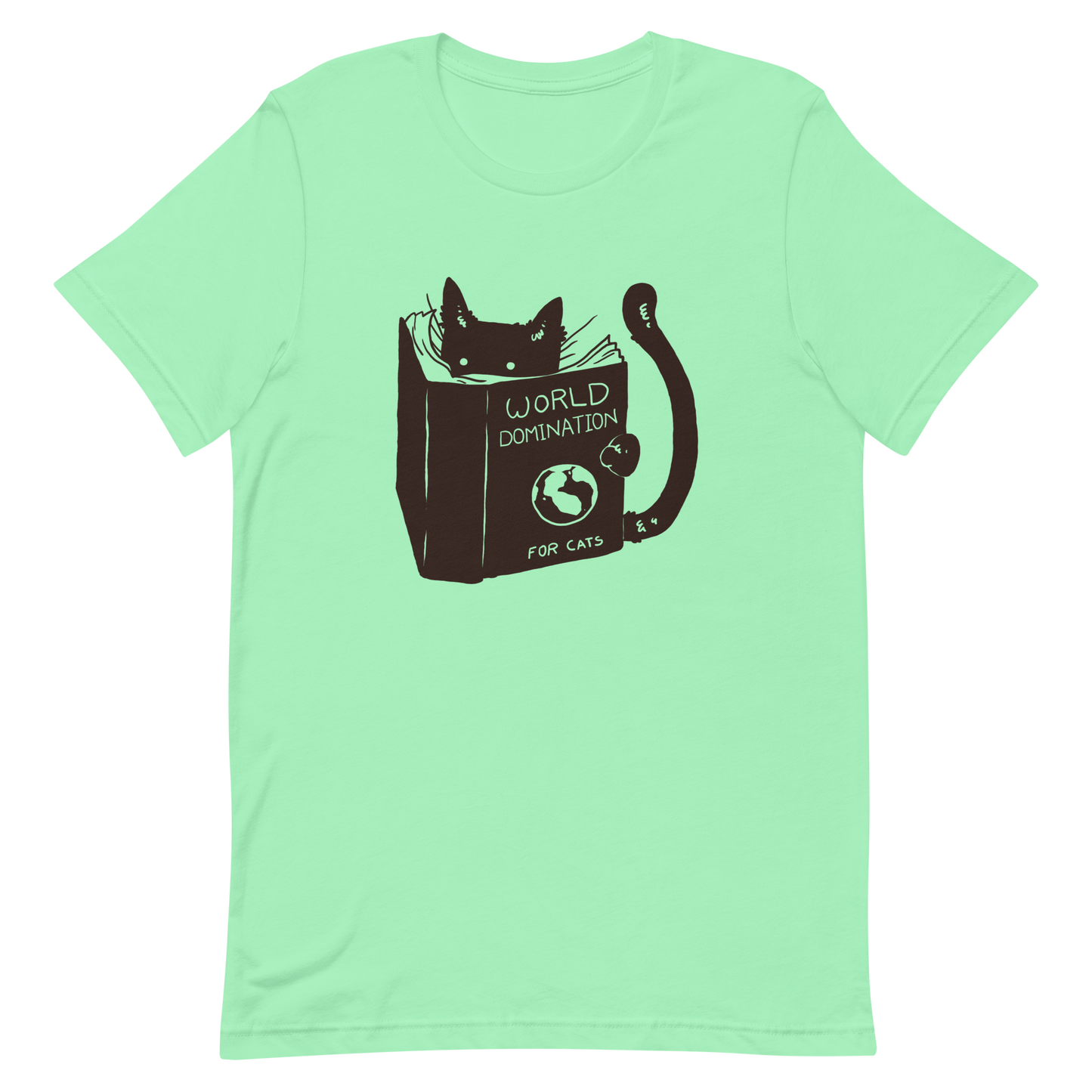 The design features a black silhouette of a cat peeking from behind an oversized book. The book's cover reads 'World Domination for Cats,' and includes a simple drawing of a globe. The cat's eyes are wide open, suggesting either surprise or intense focus on its 'world domination' plans.