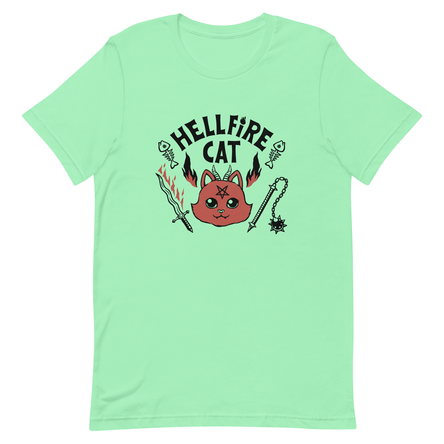 Vintage-style illustration of a cute red devil cat with small horns and a pentagram on its forehead, surrounded by flames, weapons, fish skeletons, and the bold phrase “Hellfire Cat” in a playful gothic design.