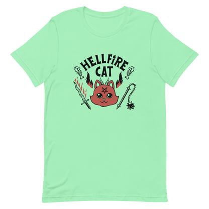 Vintage-style illustration of a cute red devil cat with small horns and a pentagram on its forehead, surrounded by flames, weapons, fish skeletons, and the bold phrase “Hellfire Cat” in a playful gothic design.