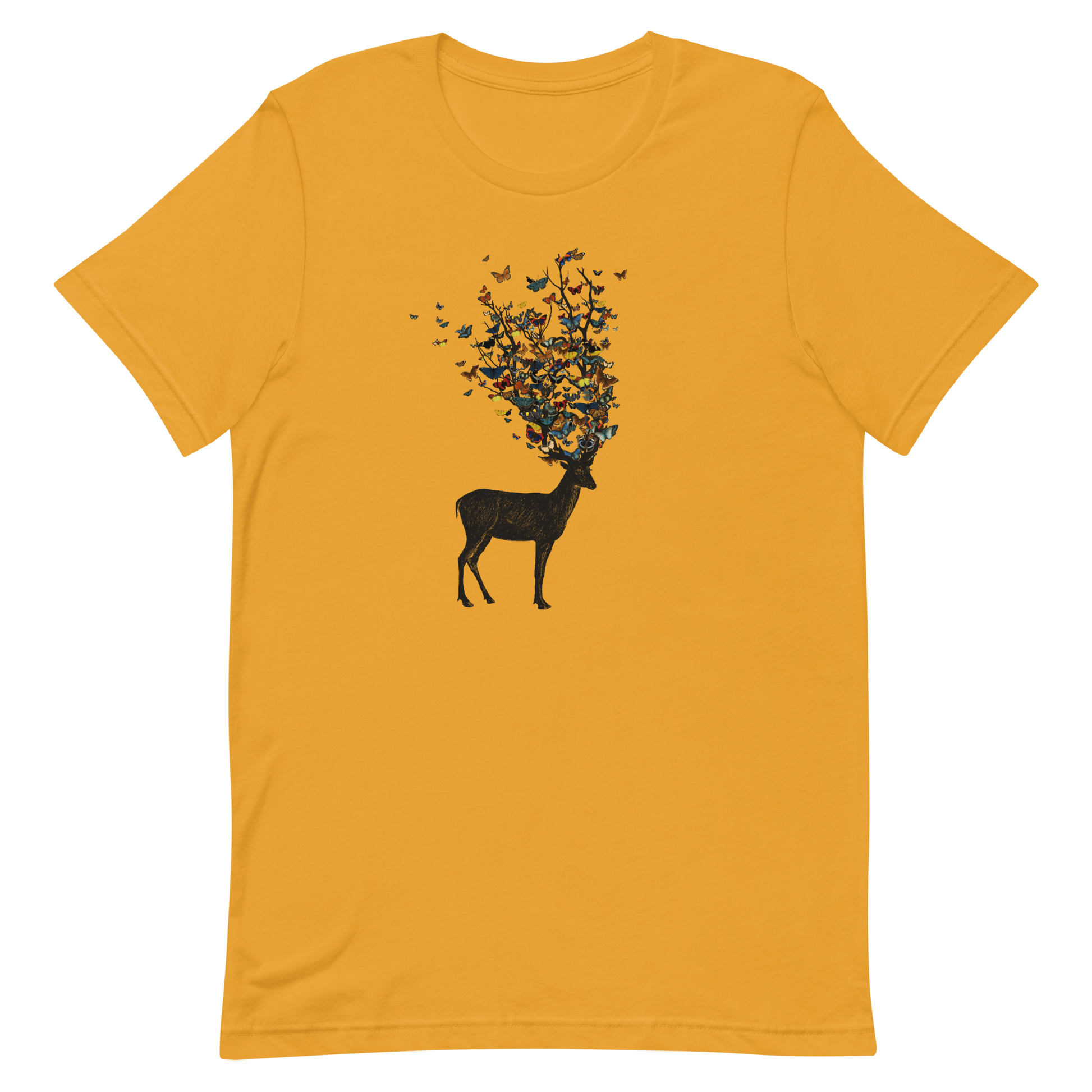 The image depicts a dark, silhouetted deer standing on a neutral background. Instead of branches, its antlers transform into a swirling cloud of vibrant, colorful butterflies that extend upwards and outward. The mix of organic and ethereal elements creates a captivating and whimsical visual contrast.
