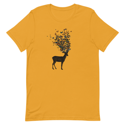 The image depicts a dark, silhouetted deer standing on a neutral background. Instead of branches, its antlers transform into a swirling cloud of vibrant, colorful butterflies that extend upwards and outward. The mix of organic and ethereal elements creates a captivating and whimsical visual contrast.