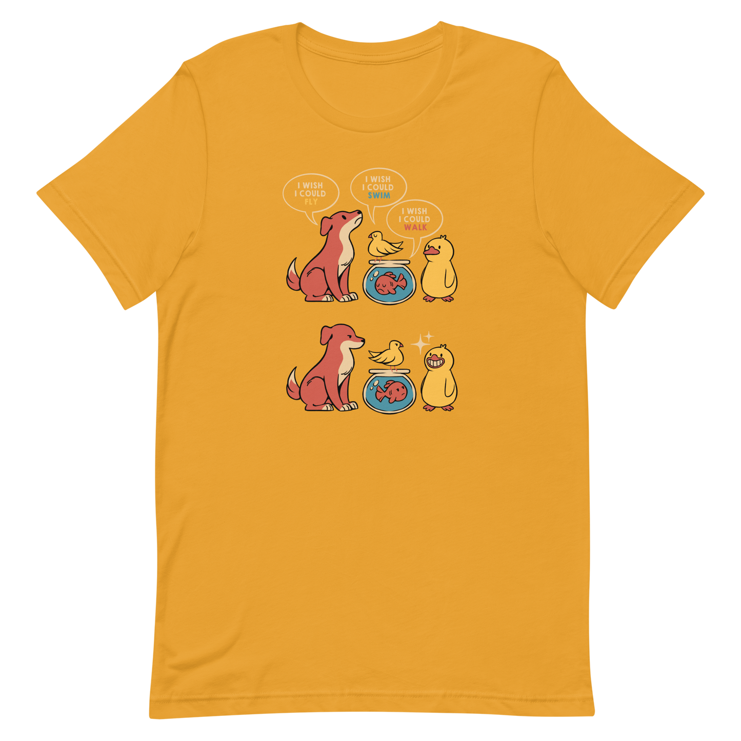 This funny and heartwarming illustration shows a dog, a bird, a fish and a duck each wishing they could do what the others can — fly, swim or walk. In the end, the duck proudly realizes it can do all three, delivering a cute reminder to appreciate your own abilities. A perfect illustration for animal lovers and fans of positive, humorous art.