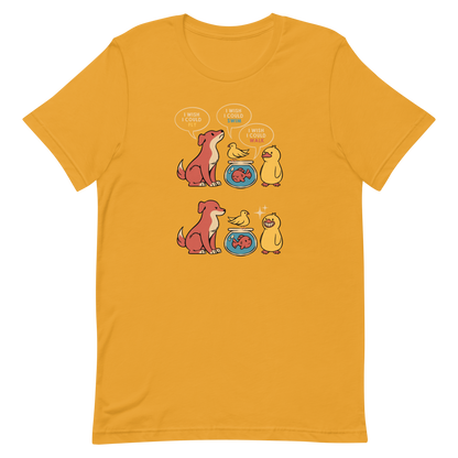 This funny and heartwarming illustration shows a dog, a bird, a fish and a duck each wishing they could do what the others can — fly, swim or walk. In the end, the duck proudly realizes it can do all three, delivering a cute reminder to appreciate your own abilities. A perfect illustration for animal lovers and fans of positive, humorous art.