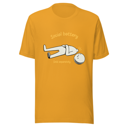 A cute character lying on the ground with their head separated from their body, paired with the phrase “Social Battery Sold Separately”. This humorous design captures the feeling of having no energy left for social interaction. Perfect for introverts and anyone who needs time alone to recharge, it’s a relatable and playful reminder that not everyone comes with a full social battery.