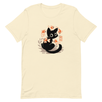 This unique design features a charming black cat amidst playful koi, rendered in beautiful Sumi-e ink style. A perfect blend of Japanese art and anime whimsy for any cat lover.