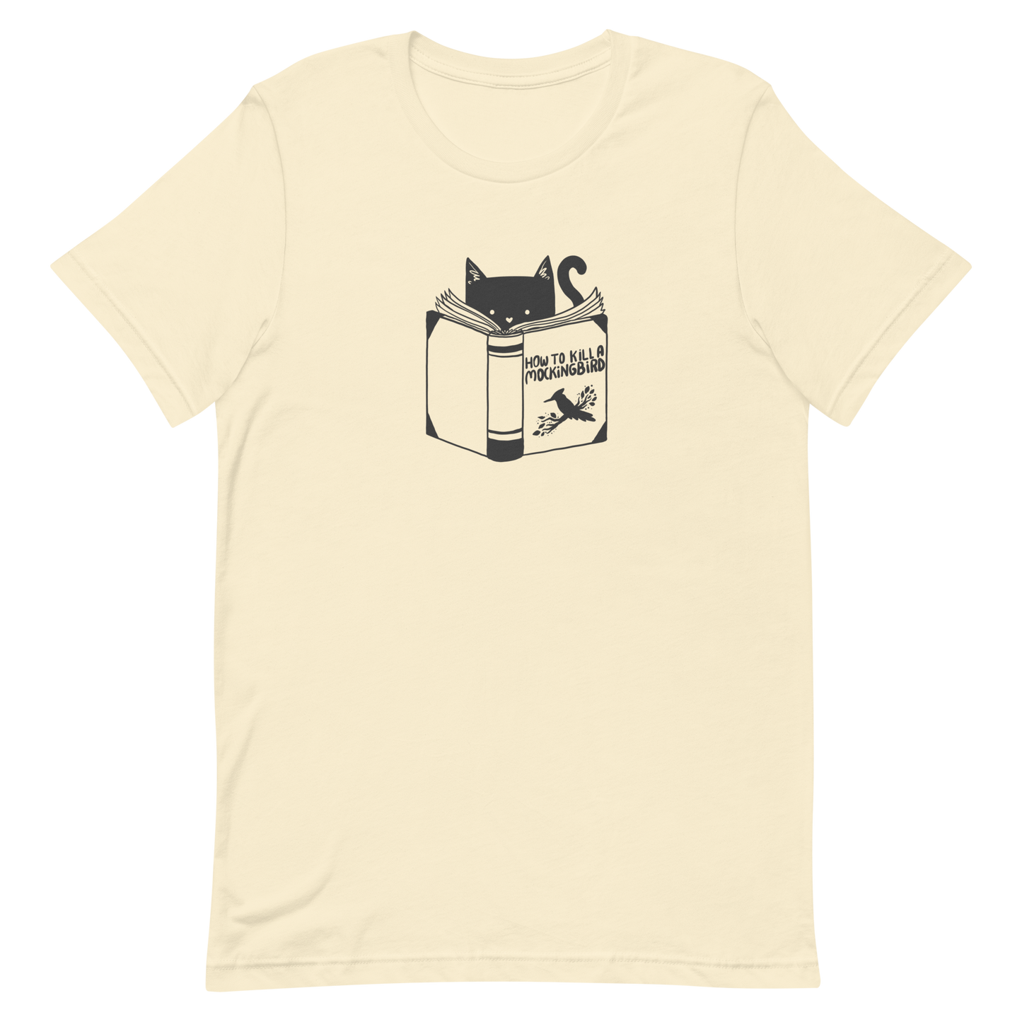 A black and white illustration features a cat peeking over an open book titled 'How to Kill a Mockingbird,' playfully altering the classic novel's title. The cat has a heart-shaped nose and simple, cute facial features. The design is whimsical and ironic, combining classic literature with a humorous twist.