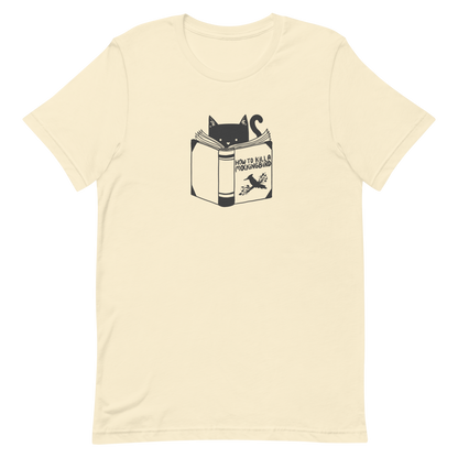 A black and white illustration features a cat peeking over an open book titled 'How to Kill a Mockingbird,' playfully altering the classic novel's title. The cat has a heart-shaped nose and simple, cute facial features. The design is whimsical and ironic, combining classic literature with a humorous twist.