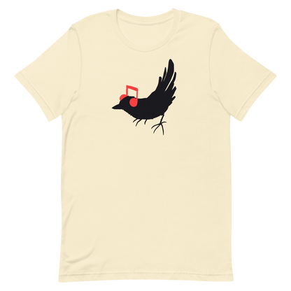 The drawing is a black silhouette of a bird in profile, standing on the ground, with bright red musical notes positioned like headphones over its ears, creating a whimsical and playful contrast. The drawing is simple, using solid colors and minimal details, giving it a modern and fun feel suitable for various merchandise like t-shirts, stickers, coffee cups, and skateboards.