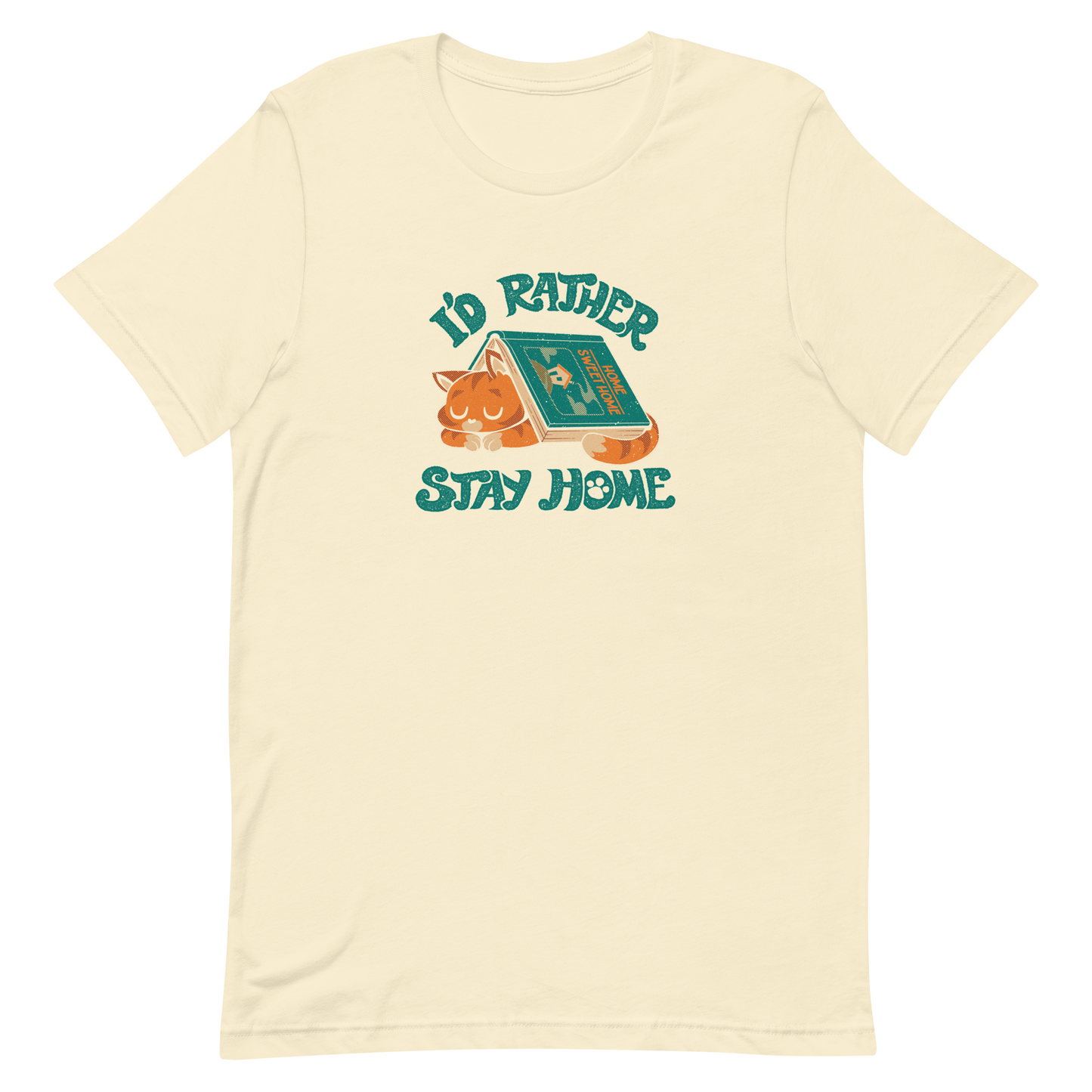 Sleeping orange cat under a book labeled 'Home Sweet Home' with the motto 'I'D RATHER STAY HOME'.