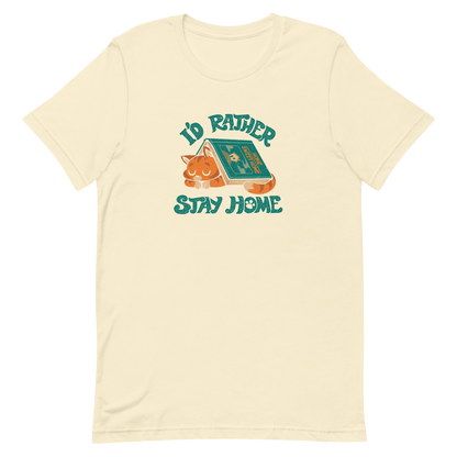 Sleeping orange cat under a book labeled 'Home Sweet Home' with the motto 'I'D RATHER STAY HOME'.