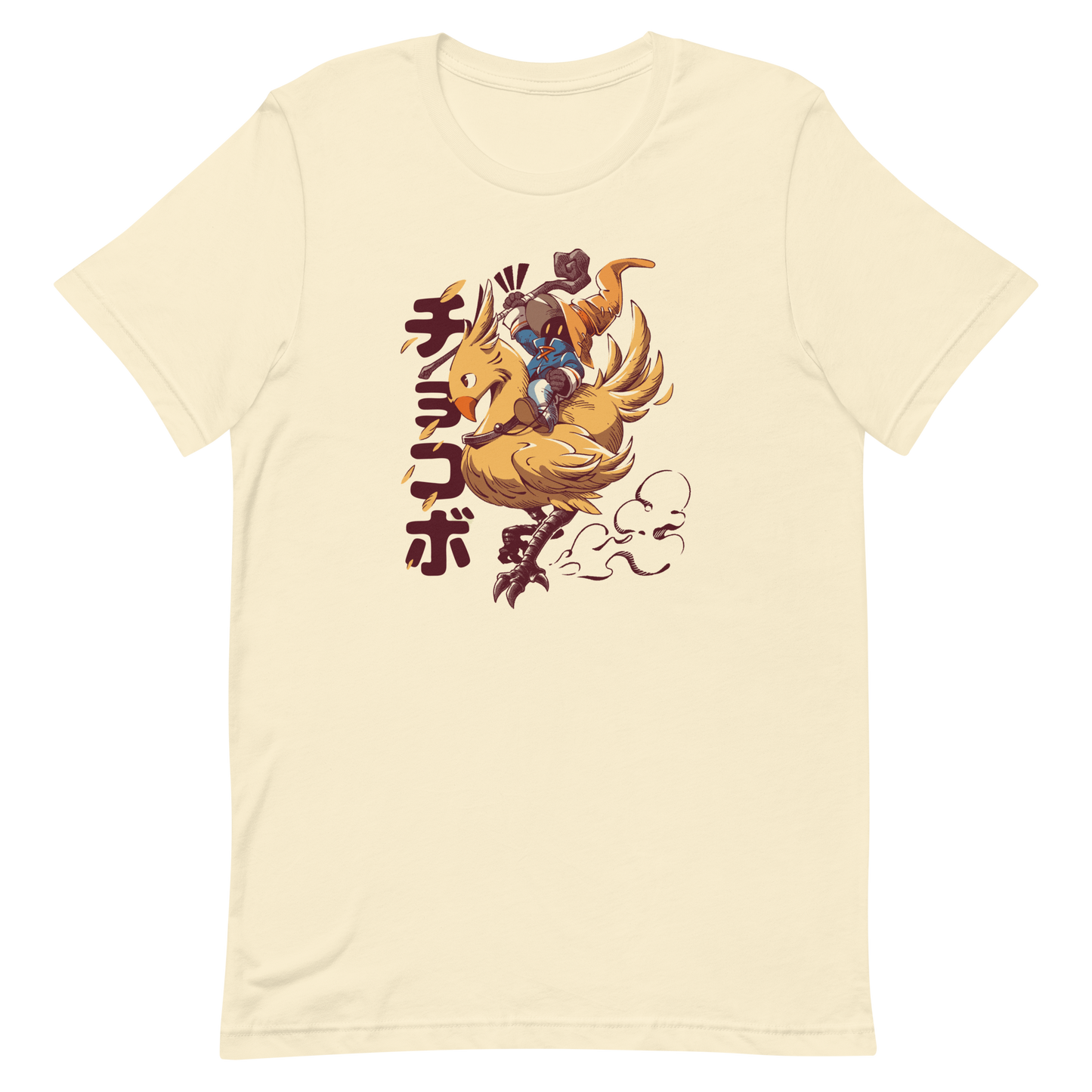 A speedy yellow bird dashes forward with a tiny mage rider gripping tight and ready for action. A fun and nostalgic design full of movement and fantasy charm.