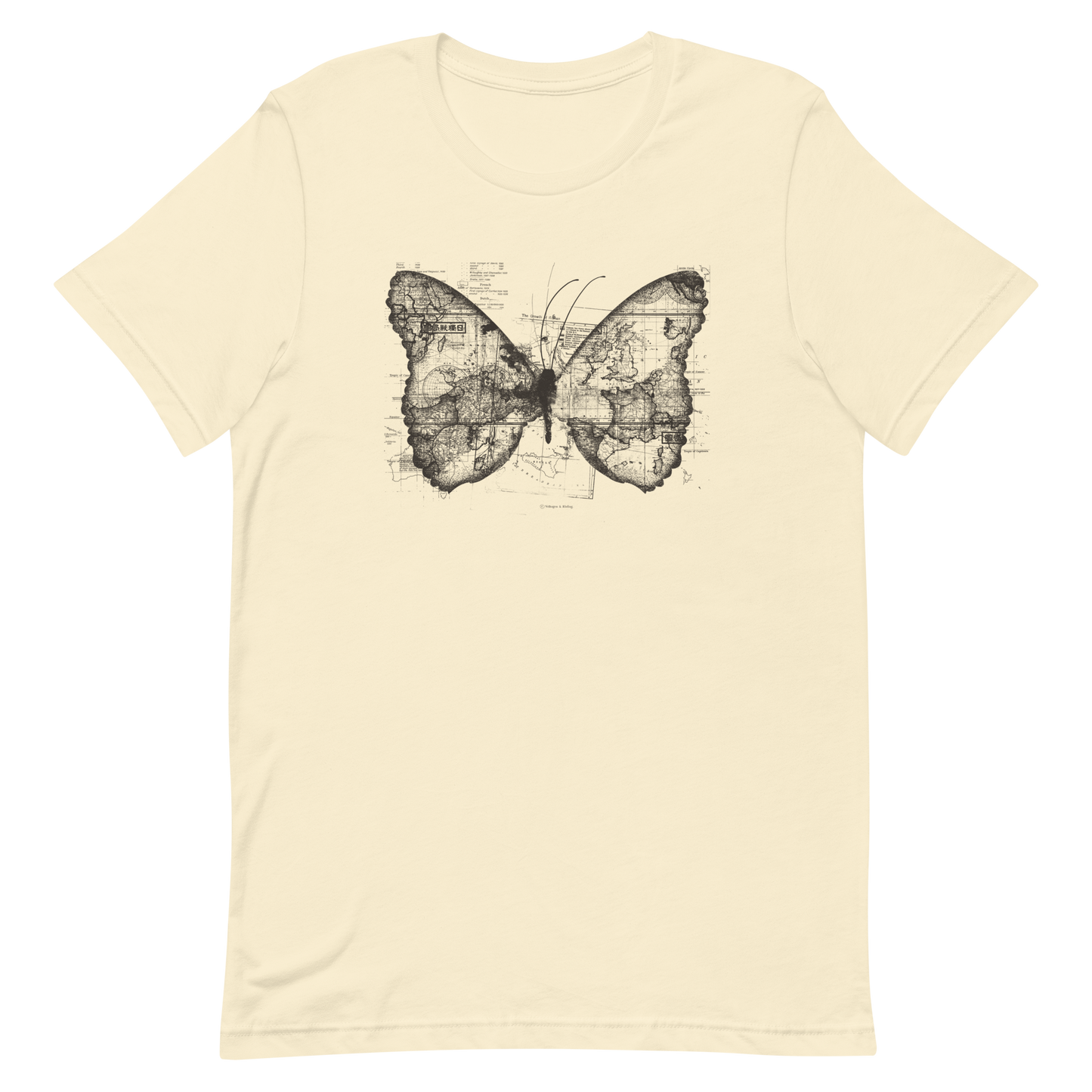 The image features a black and white butterfly where the wings are created using ancient world map designs. The maps overlay in intricate detail, blending geographical elements with the organic shape of the butterfly. Surrounding the butterfly are faint outlines of text and additional geographic features, creating a vintage and exploratory vibe.