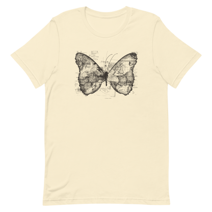 The image features a black and white butterfly where the wings are created using ancient world map designs. The maps overlay in intricate detail, blending geographical elements with the organic shape of the butterfly. Surrounding the butterfly are faint outlines of text and additional geographic features, creating a vintage and exploratory vibe.