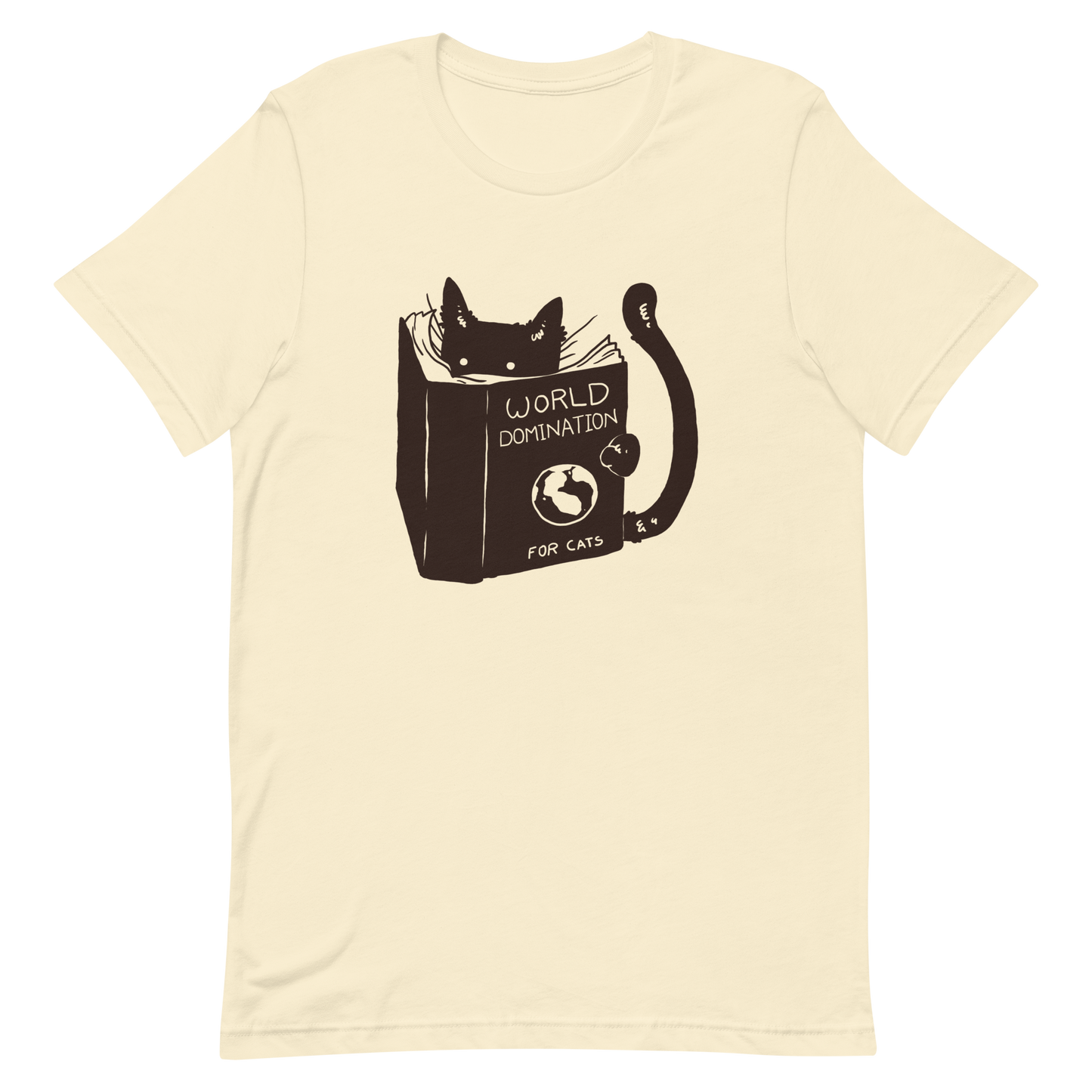 The design features a black silhouette of a cat peeking from behind an oversized book. The book's cover reads 'World Domination for Cats,' and includes a simple drawing of a globe. The cat's eyes are wide open, suggesting either surprise or intense focus on its 'world domination' plans.