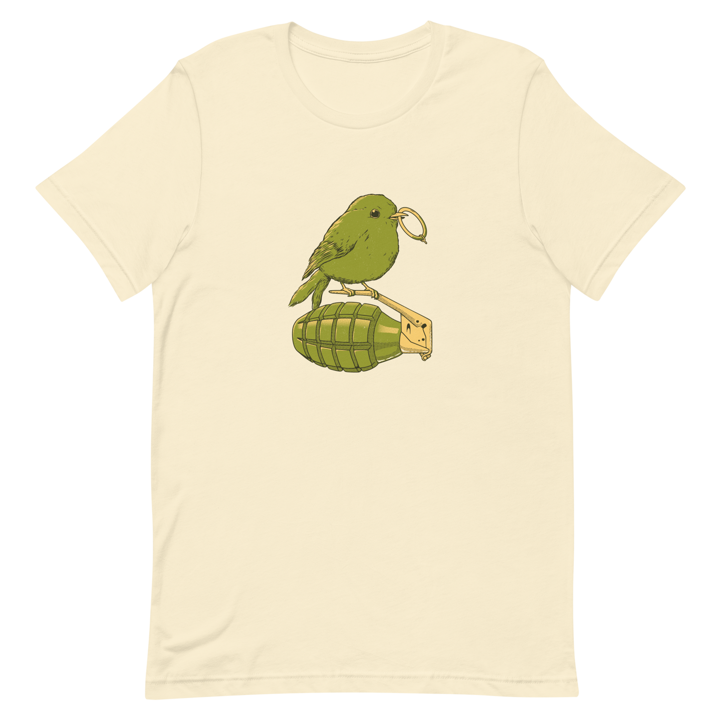 A small, detailed bird with a realistic style perches on top of a hand grenade. The bird holds the pin of the grenade in its beak, giving the image a whimsical yet ironic feel. The color palette consists of shades of green and tan, with a playful blend of nature and military elements. The overall vibe is quirky and thought-provoking, blending humor with a hint of danger.