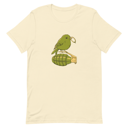 A small, detailed bird with a realistic style perches on top of a hand grenade. The bird holds the pin of the grenade in its beak, giving the image a whimsical yet ironic feel. The color palette consists of shades of green and tan, with a playful blend of nature and military elements. The overall vibe is quirky and thought-provoking, blending humor with a hint of danger.