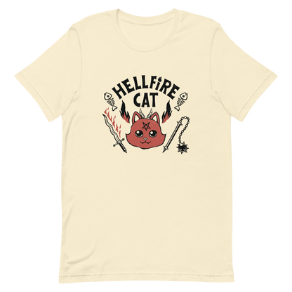 Vintage-style illustration of a cute red devil cat with small horns and a pentagram on its forehead, surrounded by flames, weapons, fish skeletons, and the bold phrase “Hellfire Cat” in a playful gothic design.