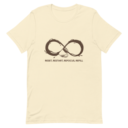 A coffee cup spills endlessly, forming an infinity symbol made of flowing coffee. This artwork celebrates the endless cycle of energy, focus, and motivation that keeps us going. Perfect for coffee lovers, caffeine addicts, and anyone who believes that every restart begins with a refill.