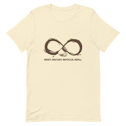 A coffee cup spills endlessly, forming an infinity symbol made of flowing coffee. This artwork celebrates the endless cycle of energy, focus, and motivation that keeps us going. Perfect for coffee lovers, caffeine addicts, and anyone who believes that every restart begins with a refill.