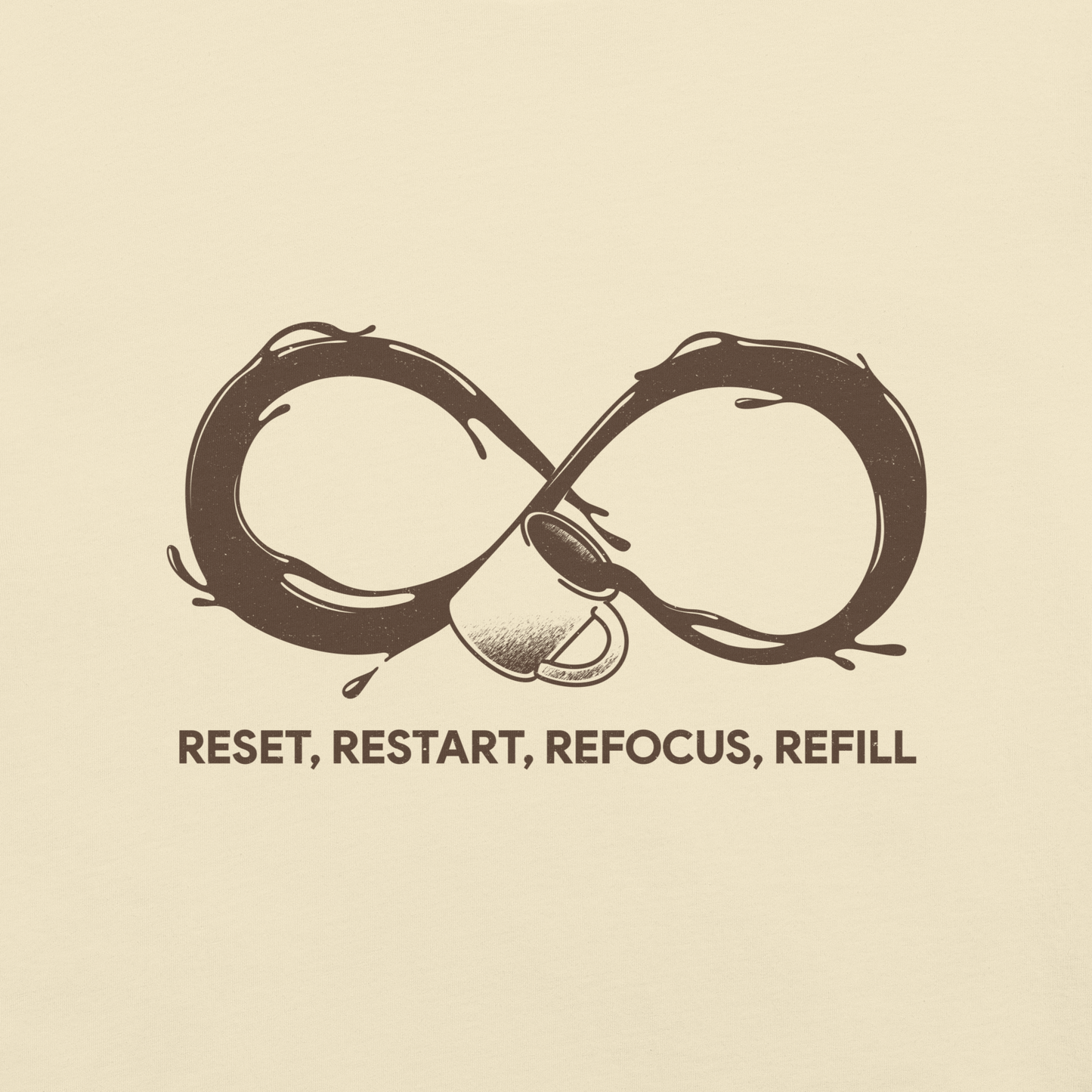 A coffee cup spills endlessly, forming an infinity symbol made of flowing coffee. This artwork celebrates the endless cycle of energy, focus, and motivation that keeps us going. Perfect for coffee lovers, caffeine addicts, and anyone who believes that every restart begins with a refill.