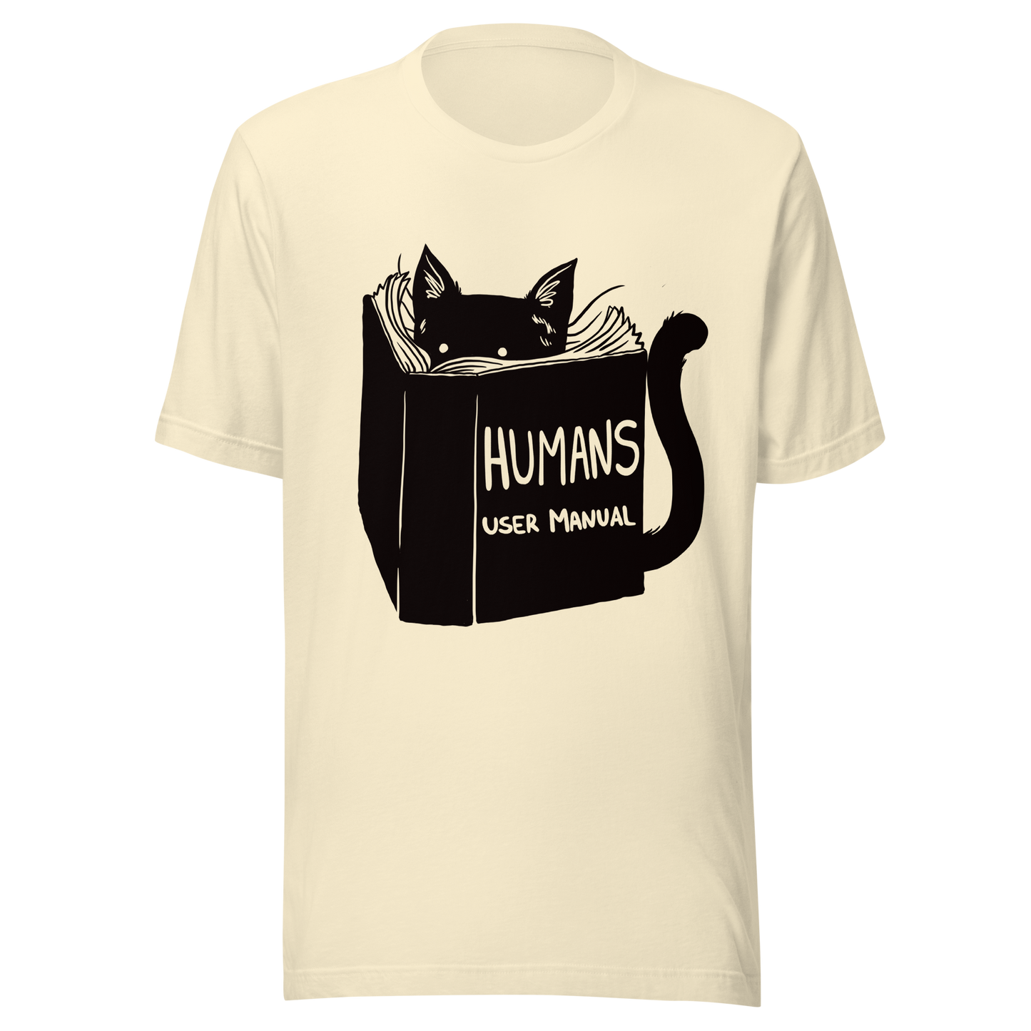 A kitten peeking out from behind a huge book titled "Humans: User Manual". This design plays on the idea that cats are trying to figure out how to control us. Perfect for cat lovers, book fans, and anyone who enjoys lighthearted humor in prints.