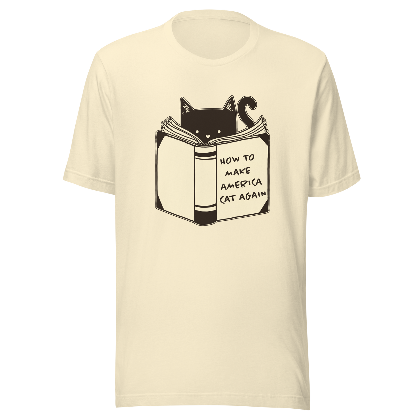 A minimalist illustration of a cat reading a book titled “How to Make America Cat Again”. A clean, witty design that blends feline charm with ironic humor, perfect for cat lovers and fans of clever, minimalist art.