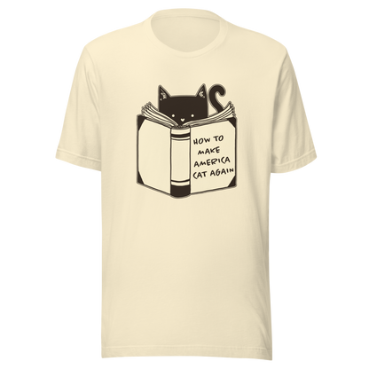 A minimalist illustration of a cat reading a book titled “How to Make America Cat Again”. A clean, witty design that blends feline charm with ironic humor, perfect for cat lovers and fans of clever, minimalist art.