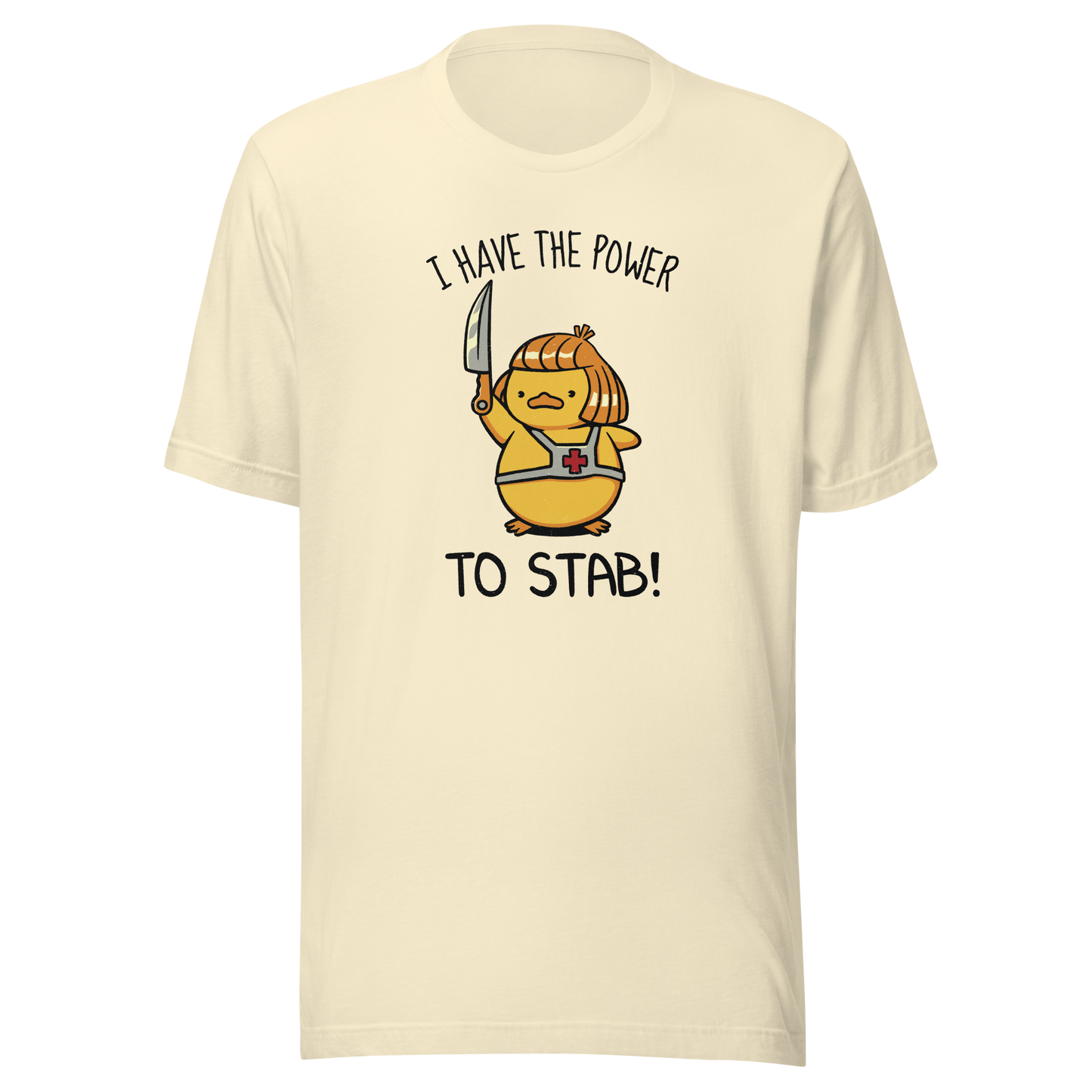 An illustration of a duck inspired by a classic '80s fantasy cartoon hero, dramatically holding a knife like a legendary sword beneath the phrase "I Have The Power To Stab." A fun parody design for fans of retro cartoons, nostalgic pop culture, fantasy adventures, and absurd animal humour.