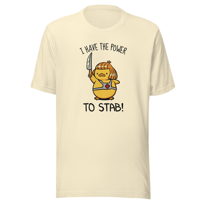 An illustration of a duck inspired by a classic '80s fantasy cartoon hero, dramatically holding a knife like a legendary sword beneath the phrase "I Have The Power To Stab." A fun parody design for fans of retro cartoons, nostalgic pop culture, fantasy adventures, and absurd animal humour.