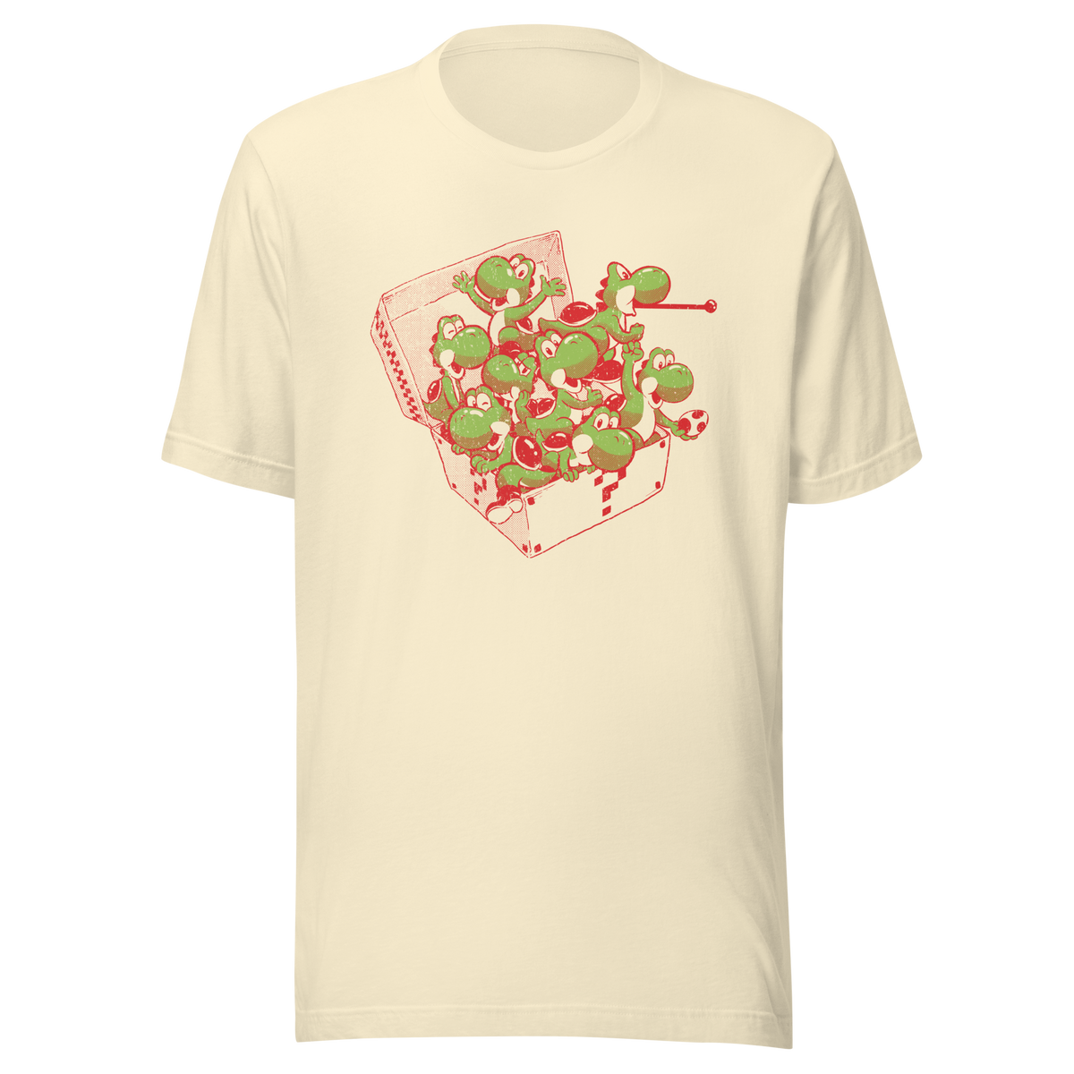 Multiple green dinosaurs packed inside an open takeaway box in a playful cartoon composition.