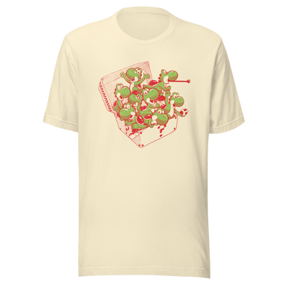 Multiple green dinosaurs packed inside an open takeaway box in a playful cartoon composition.
