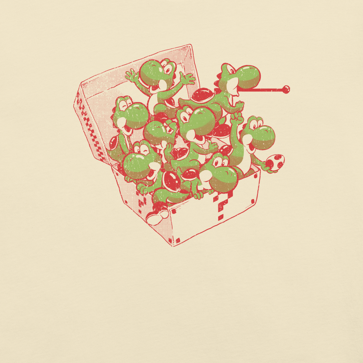 Multiple green dinosaurs packed inside an open takeaway box in a playful cartoon composition.