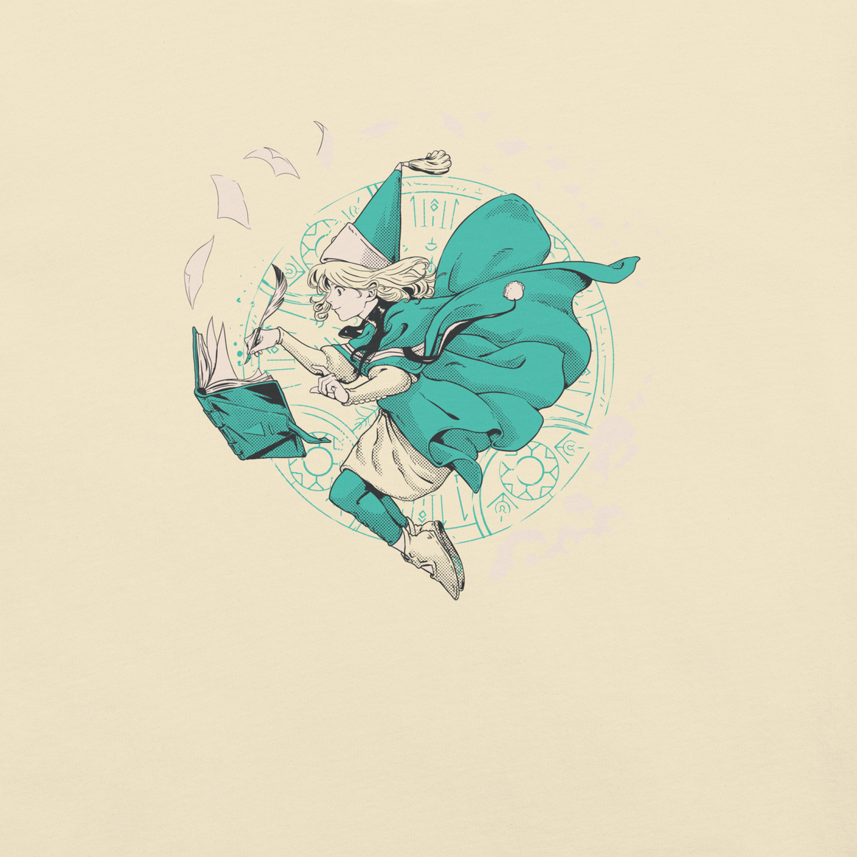 Anime-style wizard girl writing in a magical book while floating inside a glowing spell circle with flying pages.