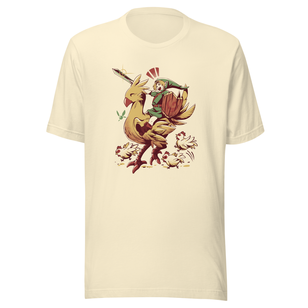 A playful fantasy illustration of a brave young hero riding a giant golden bird while holding a sword and shield.