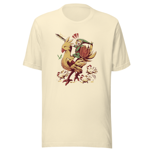 A playful fantasy illustration of a brave young hero riding a giant golden bird while holding a sword and shield.