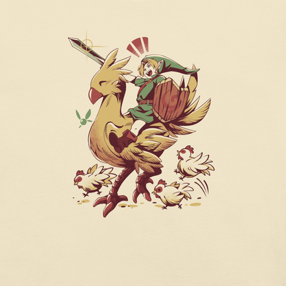 A playful fantasy illustration of a brave young hero riding a giant golden bird while holding a sword and shield.